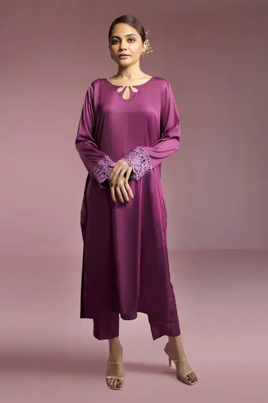 Plum Silk Embroidered Suit - 2PC