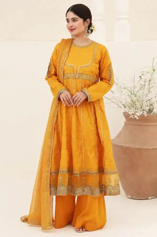 Ochre Lawn Embroidered Suit - 3PC | Noor