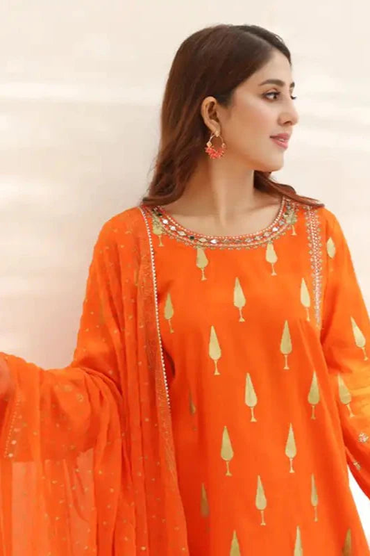 Orange Lawn Embroidered Suit - 3PC | Noor