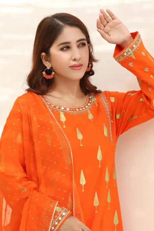 Orange Lawn Embroidered Suit - 3PC | Noor