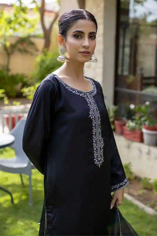 Black Silk Embroidered Suit - 3PC | AINA