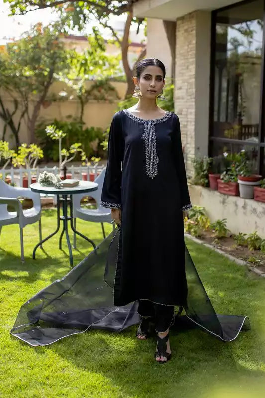 Black Silk Embroidered Suit - 3PC | AINA