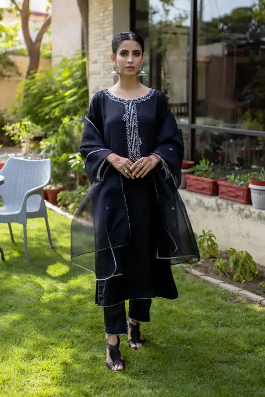 Black Silk Embroidered Suit - 3PC