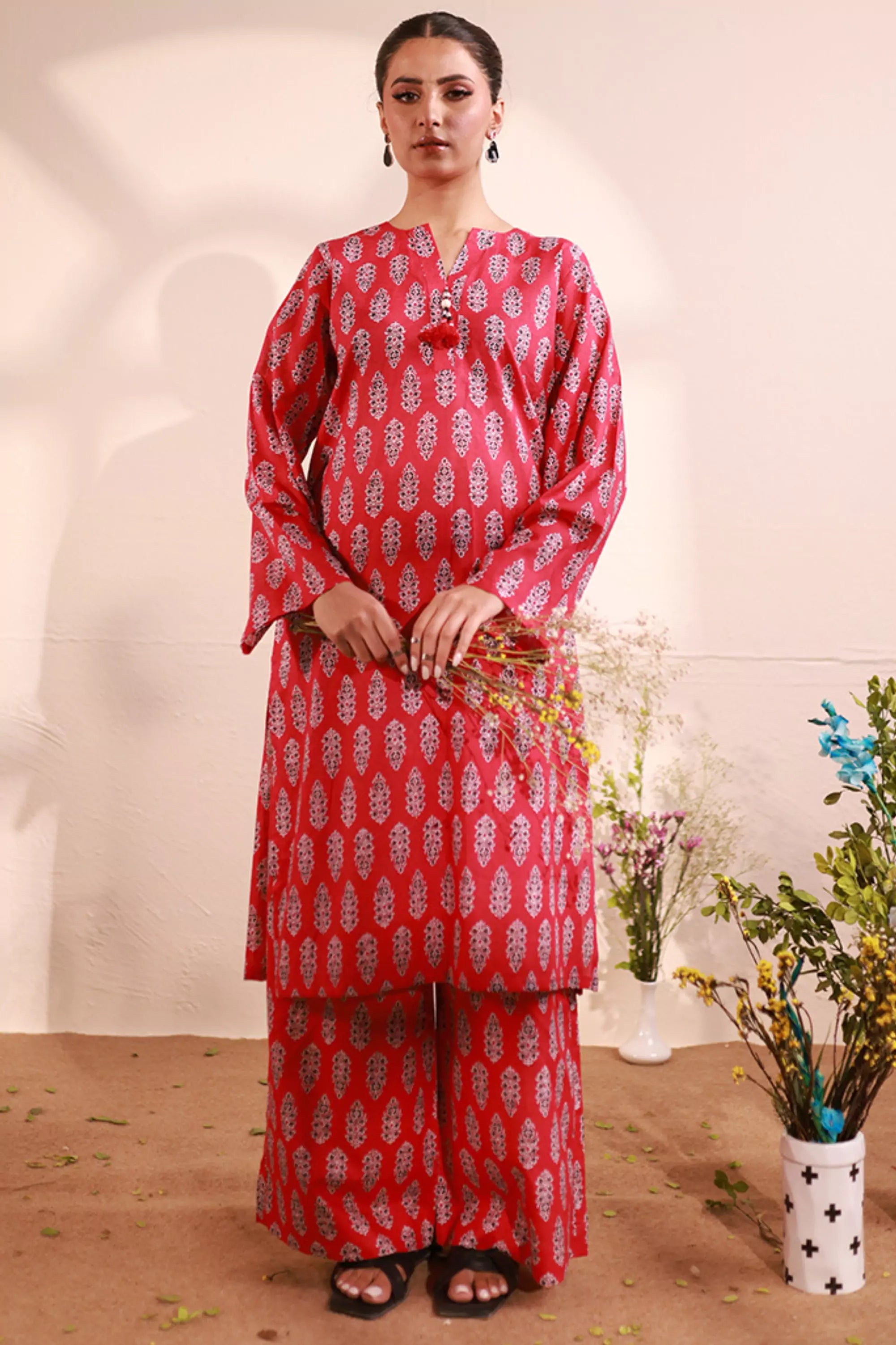 Red Lawn Printed Suit - 2PC