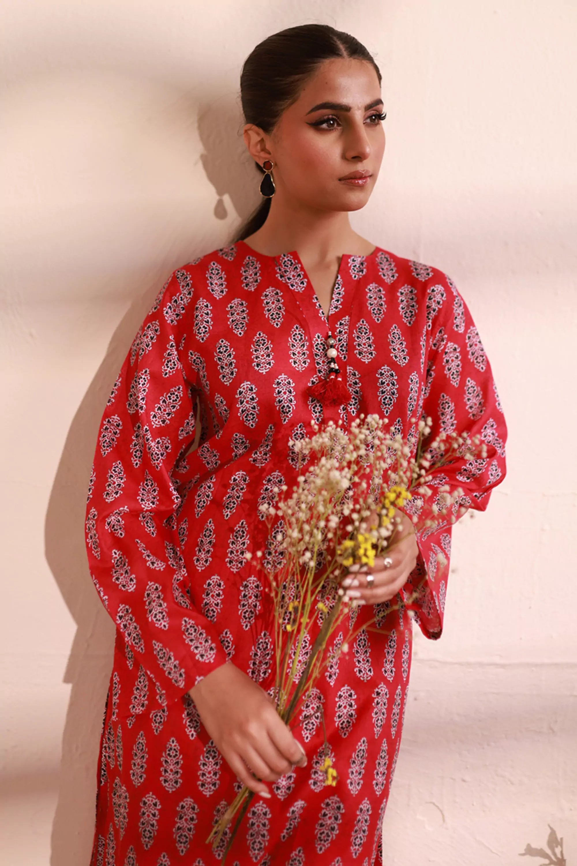 Red Lawn Printed Suit - 2PC