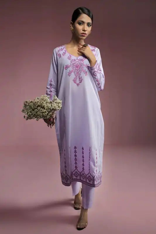 Lavender Khaddar Embroidered Suit - 2PC