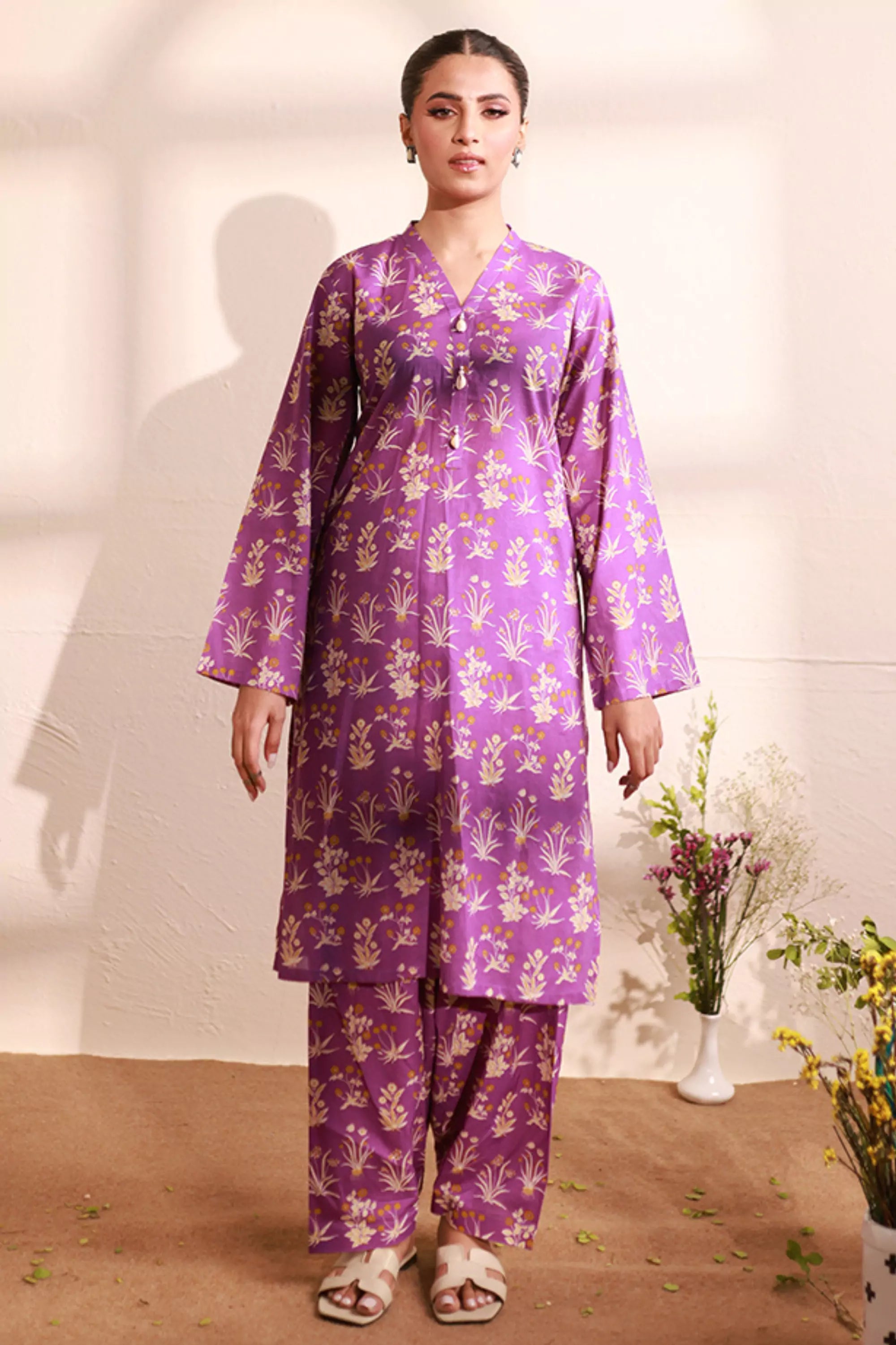 Violet Lawn Printed Suit - 2PC