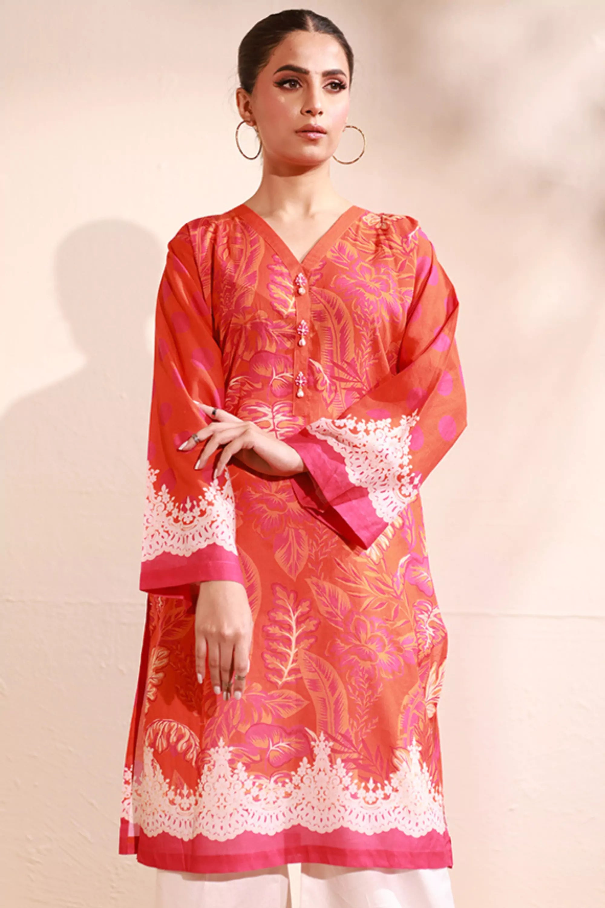 Orange Lawn Printed Kurti - 1PC