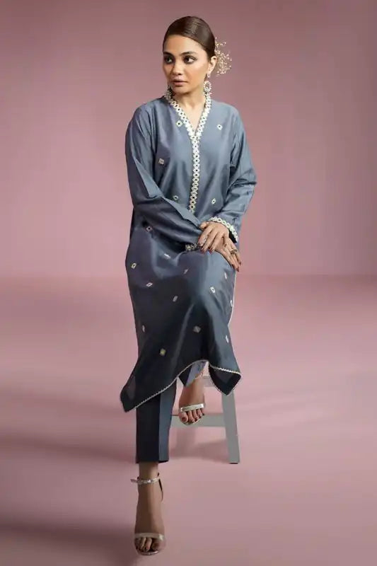 Anchor Gray Staple Cotton Embroidered Suit - 2PC | Jugnu Festive