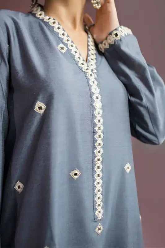 Anchor Gray Staple Cotton Embroidered Suit - 2PC | Jugnu Festive