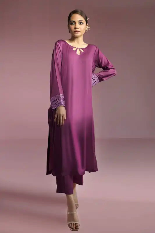 Plum Silk Embroidered Suit - 2PC