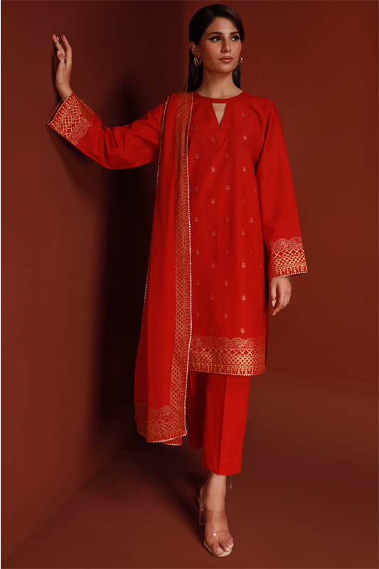 Red Lawn Printed Shirt and Dupatta - 2PC | Qurbat