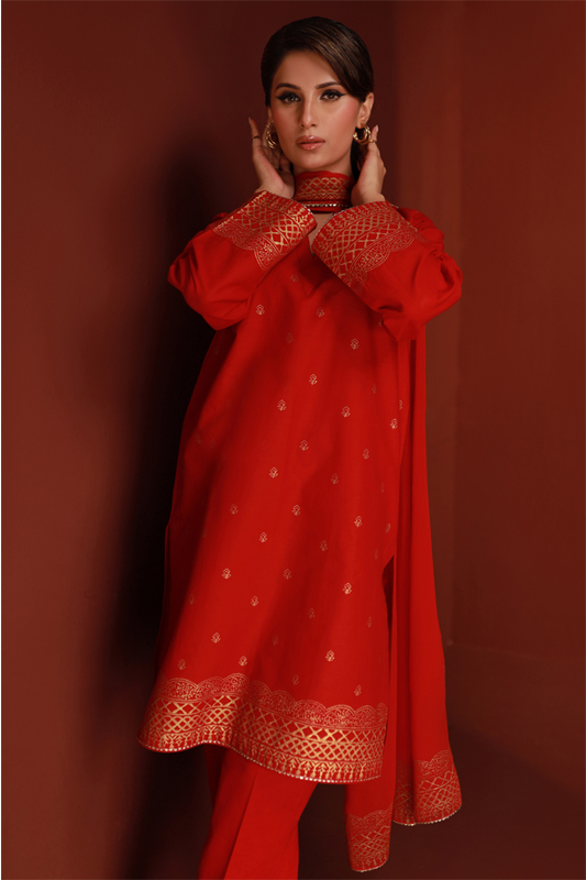 Red Lawn Printed Shirt and Dupatta - 2PC | Qurbat