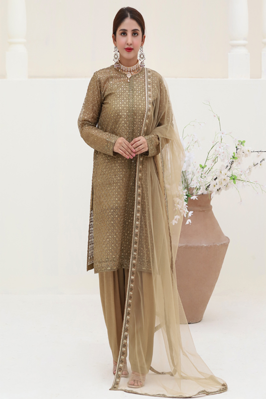 Beige Organza Embroidered Suit - 3PC | Komal