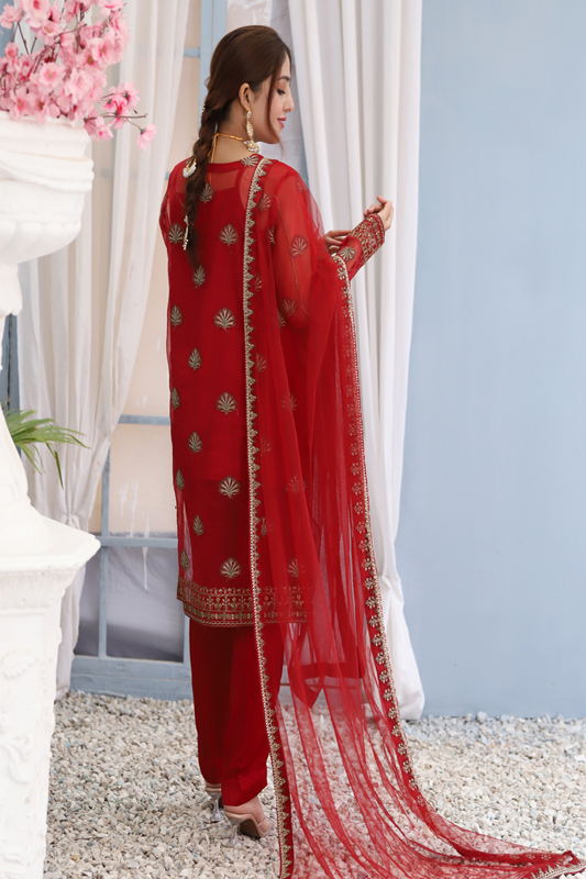 Red Organza Embroidered Suit - 3PC | Komal