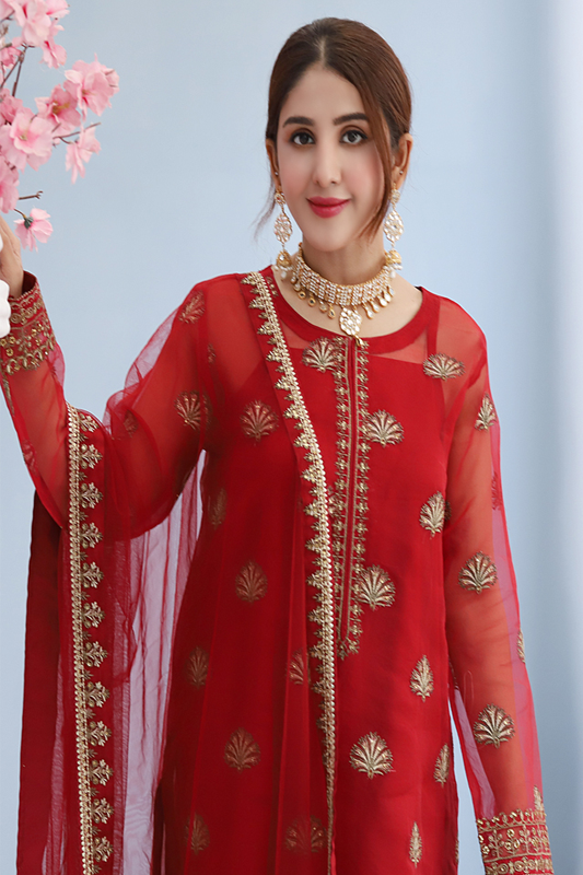 Red Organza Embroidered Suit - 3PC | Komal