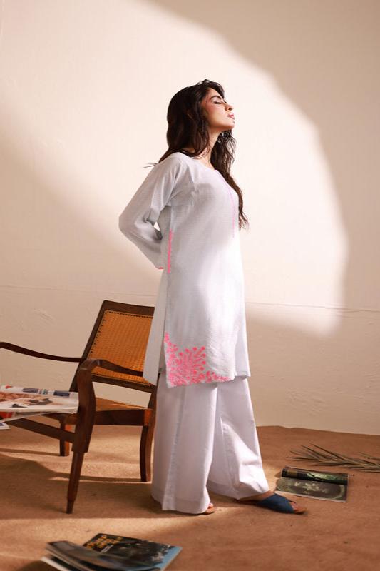 Blue Dobby Embroidered Kurti - 1 PC