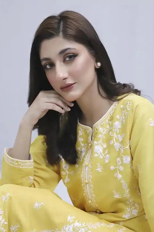 Yellow Raw Silk Embroidered Suit - 3PC | Gul-e-Zeba