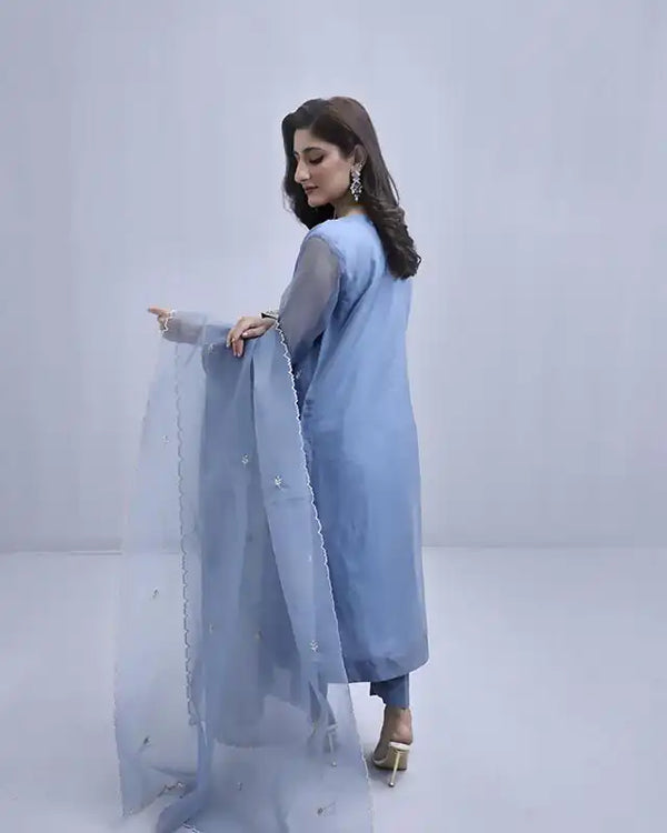 Blue Organza Embroidered Suit - 3PC | Gul-e-Zeba