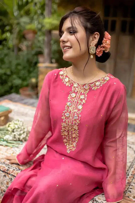 Fuscia Pink Cotton Net Embroidered Suit - 2PC | Bahar-e-Bakht