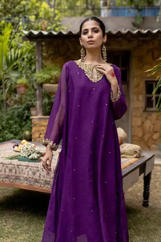 Egg Plant Cotton Net Embroidered Suit - 2PC | Bahar-e-Bakht