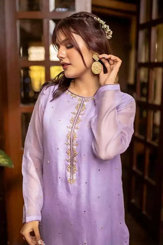 Violet Lilac Cotton Net Embroidered Suit - 2PC | Bahar-e-Bakht