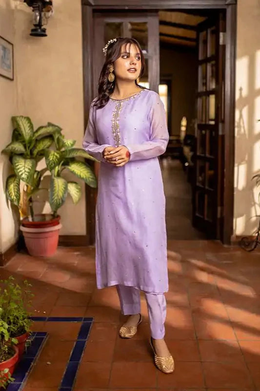 Violet Lilac Cotton Net Embroidered Suit - 2PC | Bahar-e-Bakht