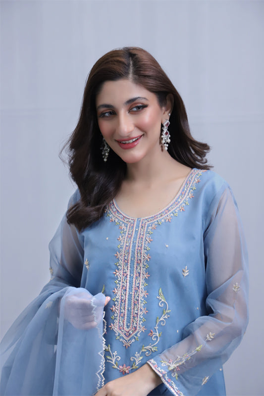 Blue Organza Embroidered Suit - 3PC | Gul-e-Zeba