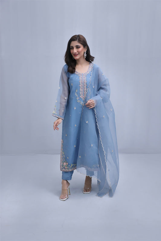 Blue Organza Embroidered Suit - 3PC | Gul-e-Zeba