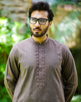 Wash& Wear Brown Embroidered Kameez Shalwar