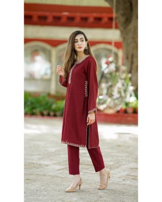 Maroon Embroidered Cotton net