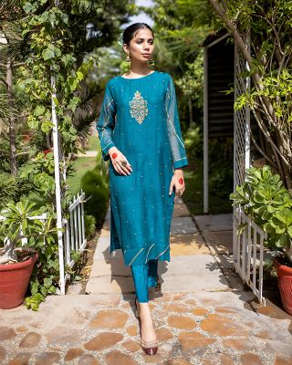 Pavisa - Women Pine Green Cotton net embroidered two piece suit