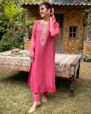 Catie - Women Fuscia Pink Cotton net embroidered two piece suit