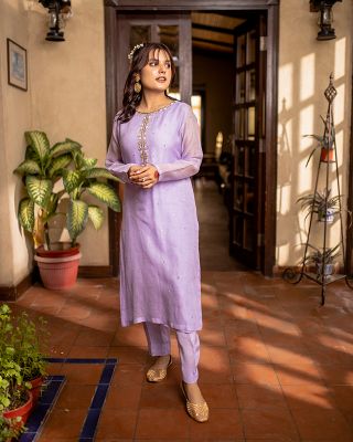 Alexa - Women Lilac Cotton net embroidered two piece suit