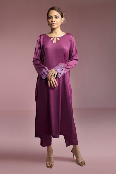 Emily - Women Plum Silk embroidered two piece suit