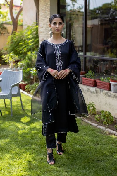 Aina - Women Black Silk embroidered three piece suit