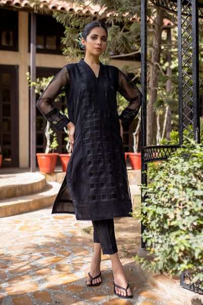Nisha - Women Black Organza embroidered two piece suit