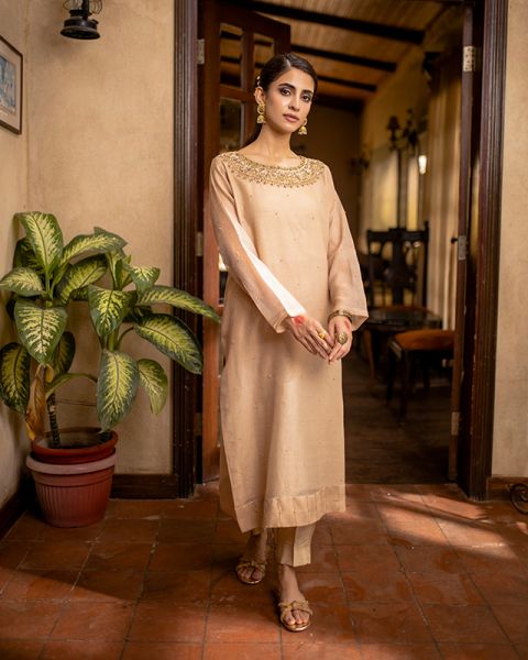 Louise - Women Golden Cotton net embroidered two piece suit