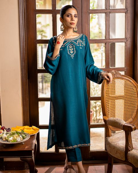 Avica - Women Teal Raw Silk embroidered two piece suit
